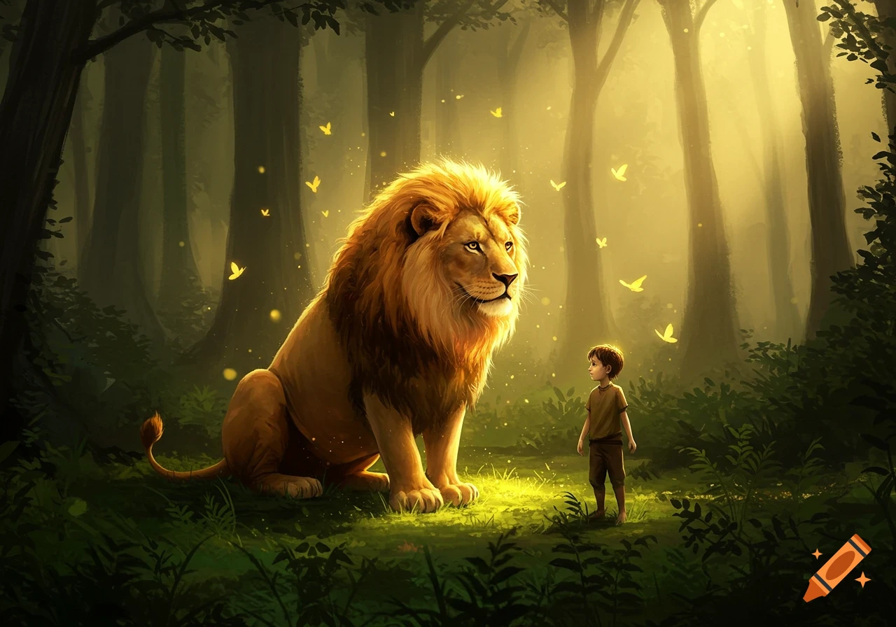A small boy stands before a majestic, glowing lion in a sun-drenched, magical forest filled with yellow butterflies. Illustrative style.