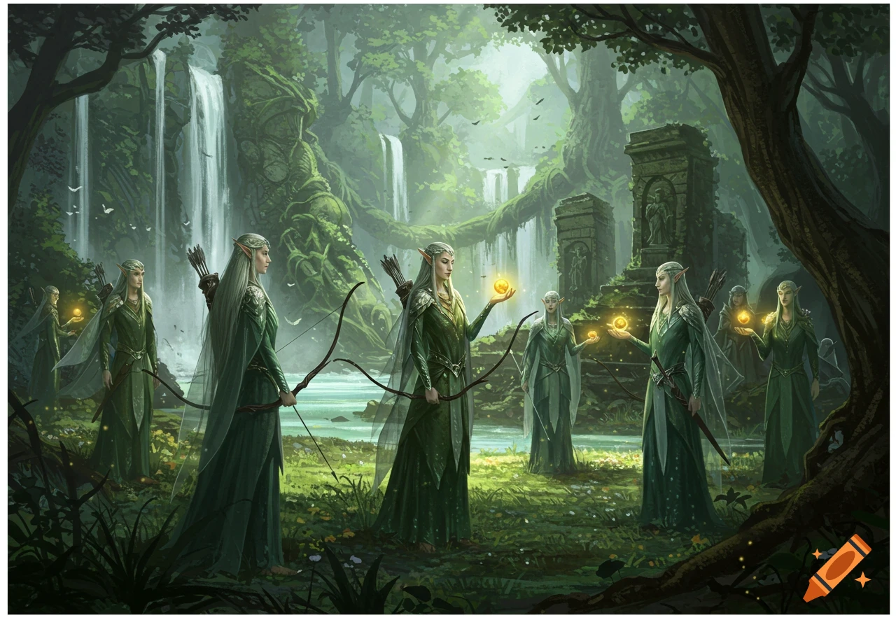 Group of fair-skinned female elves with long silver hair in green gowns, holding bows and glowing orbs, in a mystical forest with waterfalls and ancient ruins.