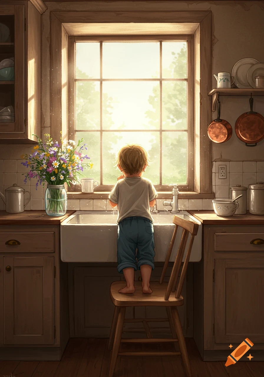 A child stands on a wooden chair at a farmhouse kitchen sink, seen from behind, looking out a large sunny window. Illustration style.