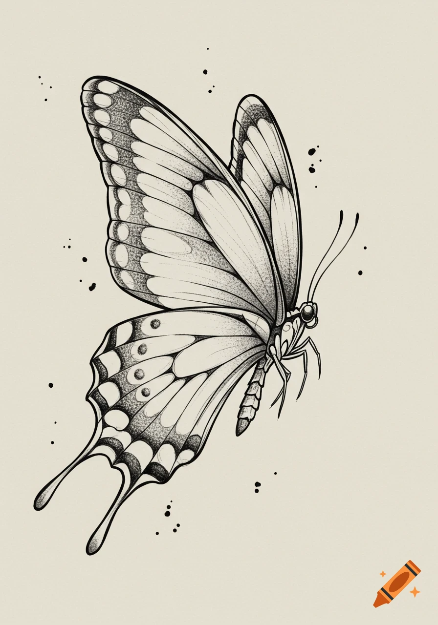 A detailed black and white sketch of a butterfly with stippling for shading, seen from the side, on a light background.