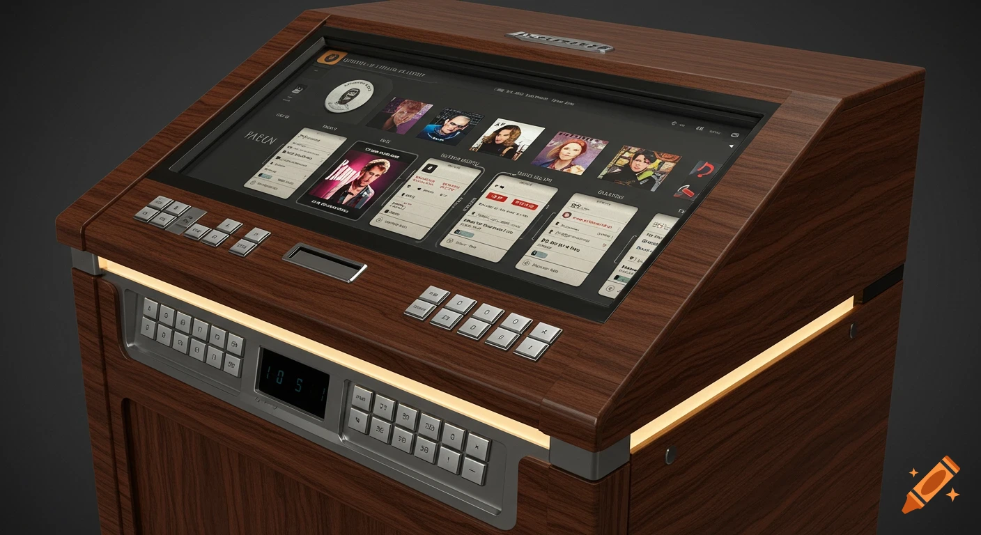 A modern, wooden digital jukebox with a tilted touchscreen showing music selections and a keypad below, in a photorealistic style.