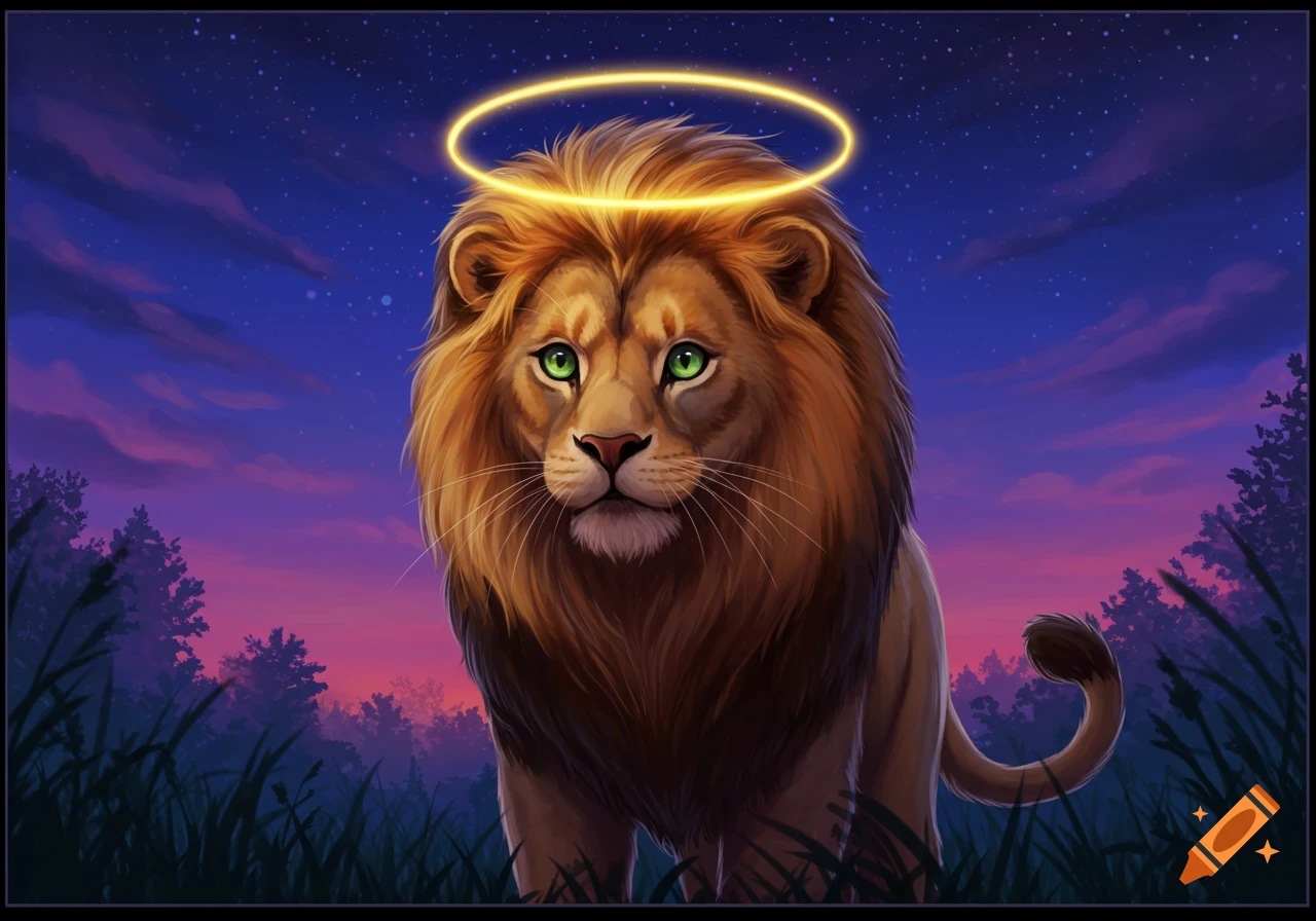 An illustrative lion with green eyes and a glowing halo stands in tall grass under a star-filled twilight sky.