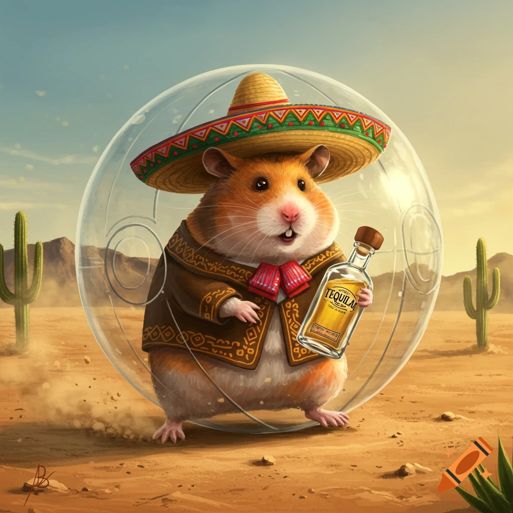 A cartoon hamster wearing a sombrero and duster, in a hamster ball, holding a bottle labeled "TEQUILA" in a desert.