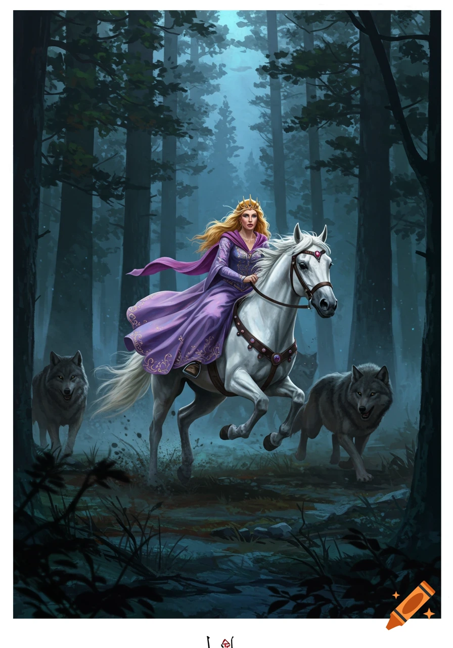 A blonde princess in a purple dress and crown rides a white horse through a dark, misty forest, accompanied by two grey wolves.