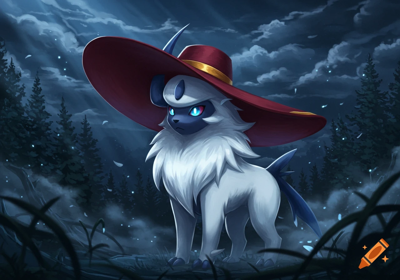 An Absol, a Pokemon, wears a large red hat in a dark, mystical forest at night with glowing blue eyes, digital art.