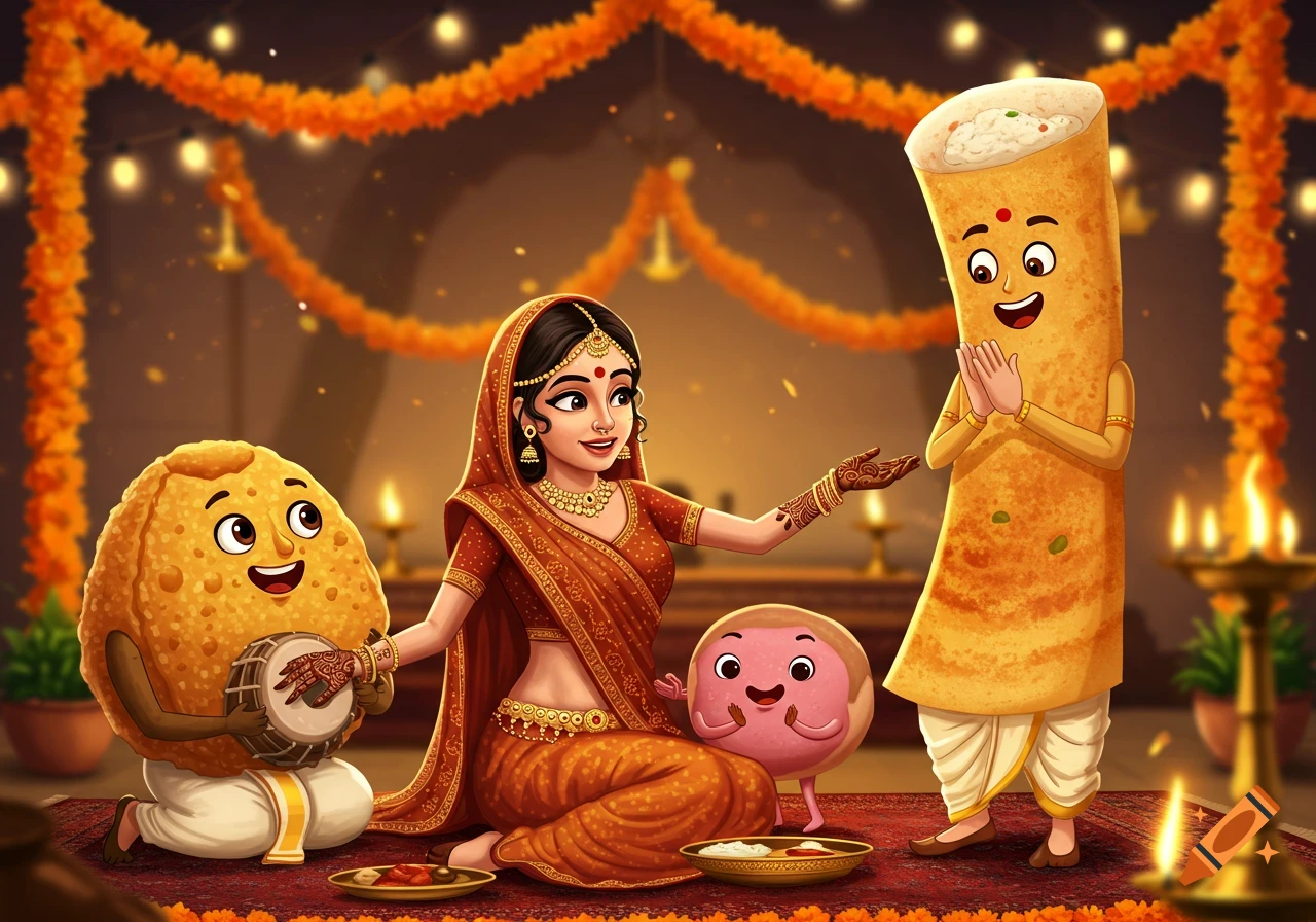 Cartoon of a woman in a red sari with mehndi, next to anthropomorphic Dosa and Pani Puri, celebrating in a festive Indian setting.