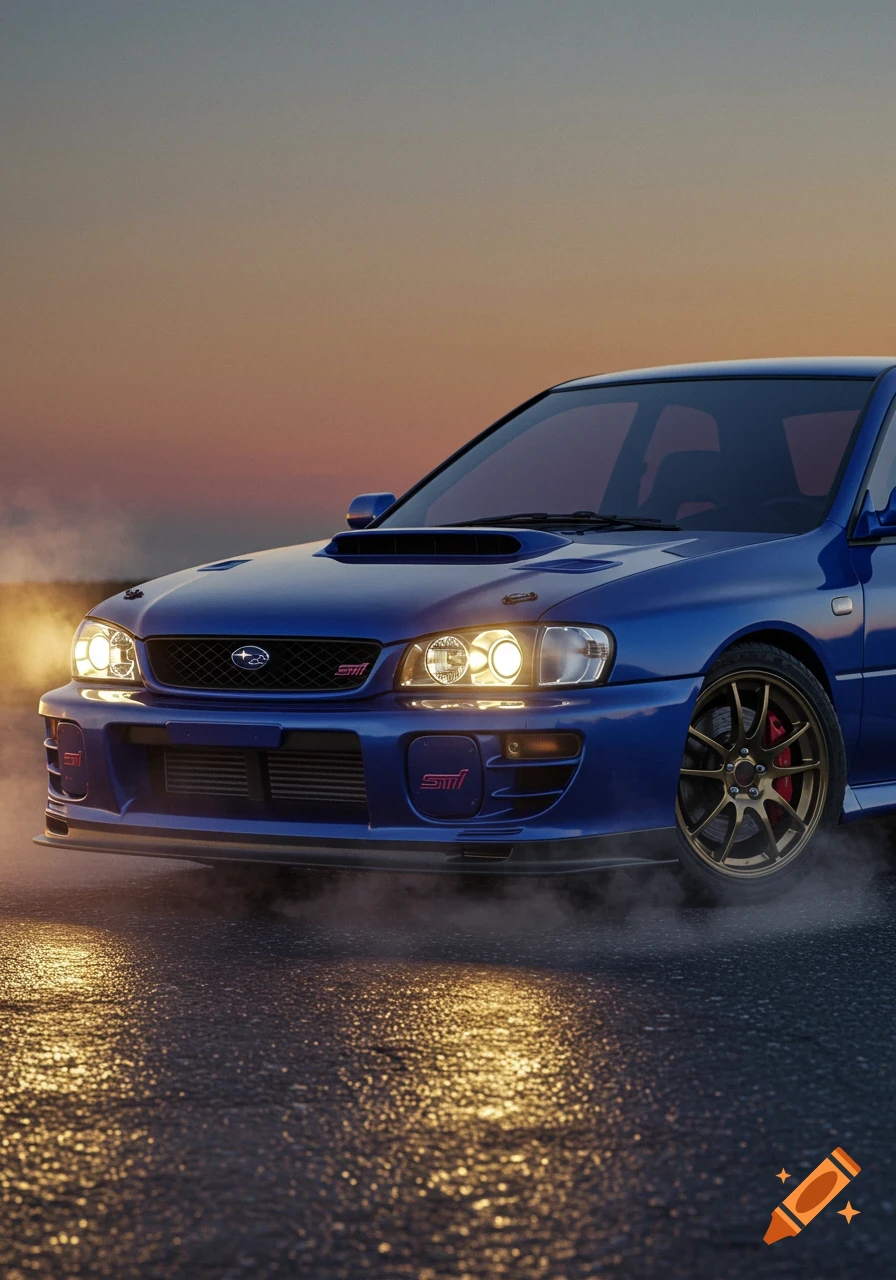 A blue Subaru Impreza STI 2004 from the front, headlights on, with mist on a wet road at dusk.