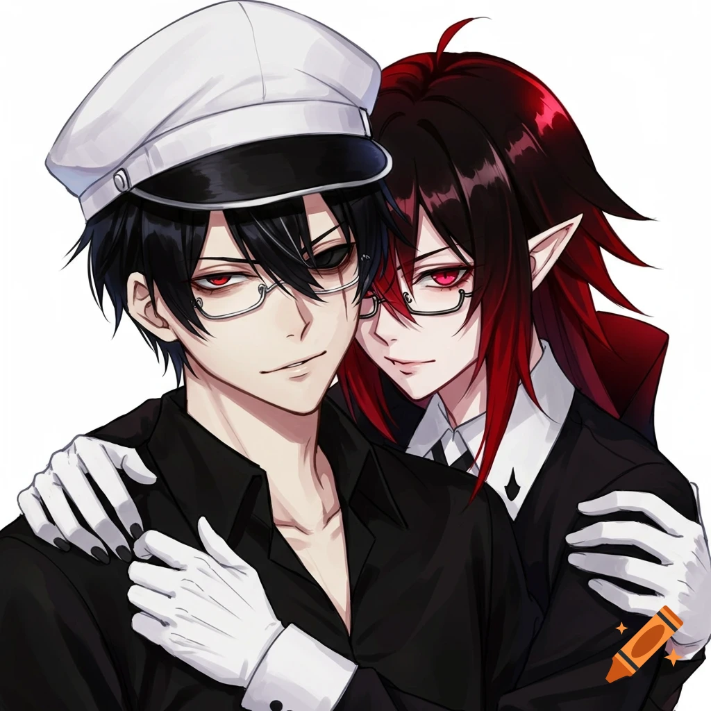 Anime portrait of a man in a white cap and blind eye, hugged by a character with red-black hair, elf ears, and red eyes.