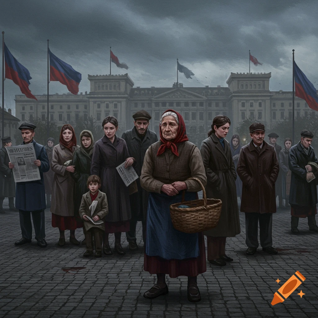 A somber crowd of men, women, and a child stand on a cobblestone street under a cloudy sky, with a grand building and flags in the background. An old woman with a red scarf stands prominently in the foreground.