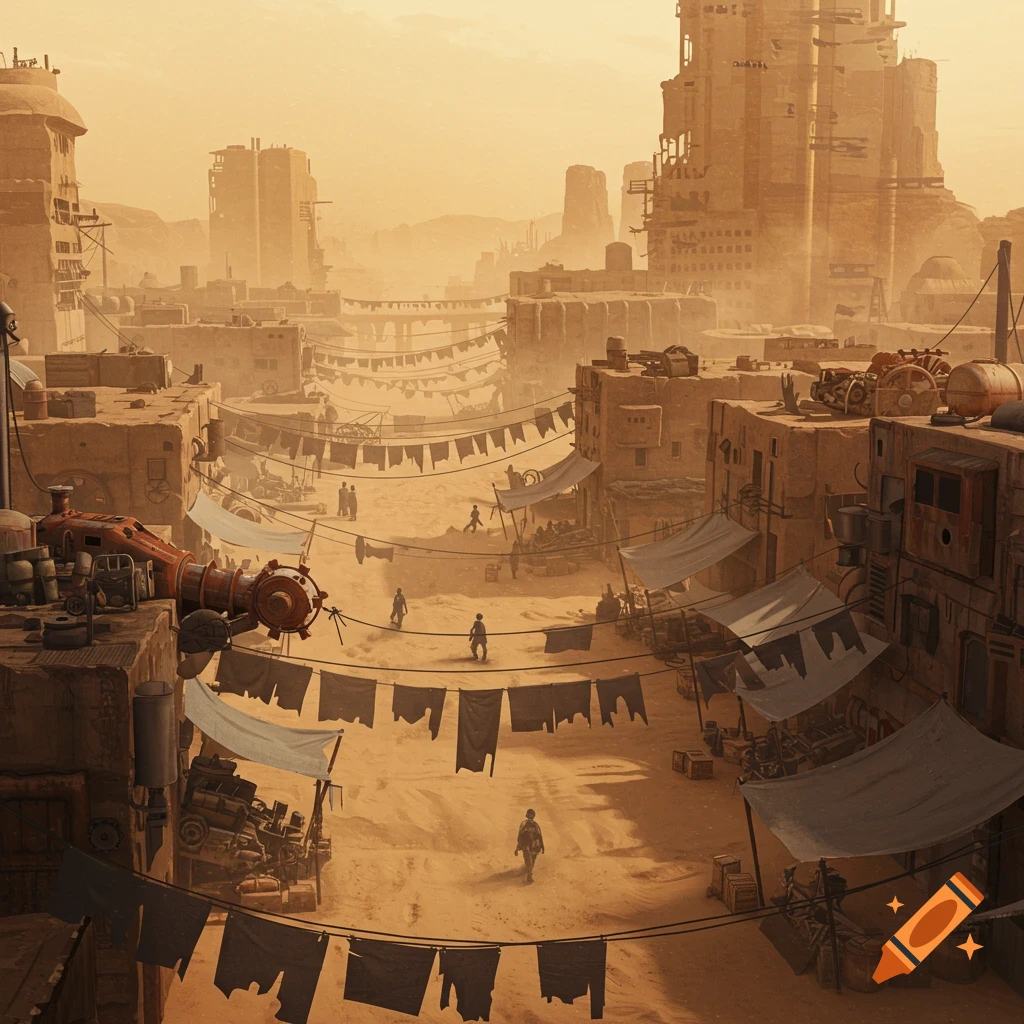 An expansive salvagepunk desert city in a wasteland with people walking through sandy streets and clotheslines strung between buildings.