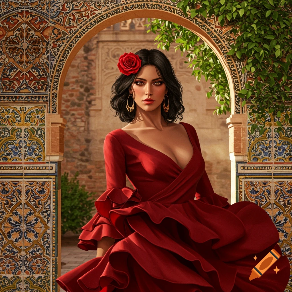 A woman in a red flamenco dress with a rose in her hair stands under an ornate archway.