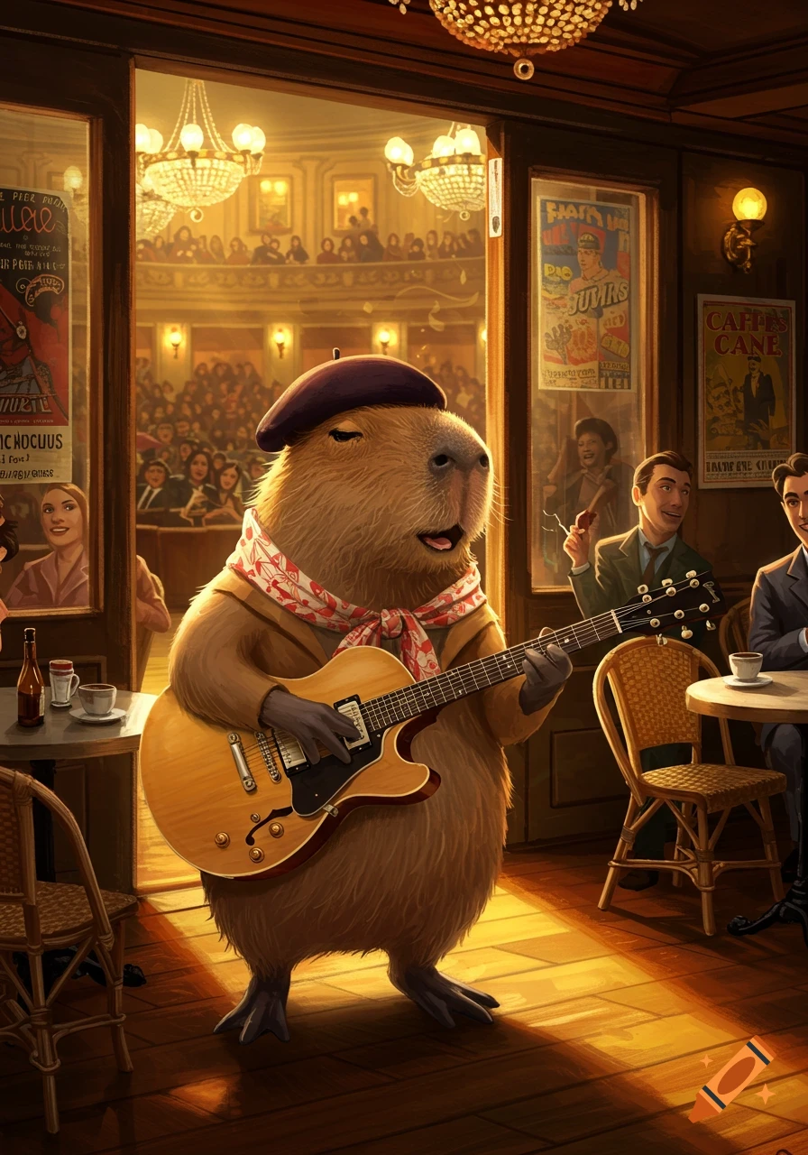An illustrated capybara in a beret and scarf plays an electric jazz guitar in a warm-lit French cafe, with an audience in the background.