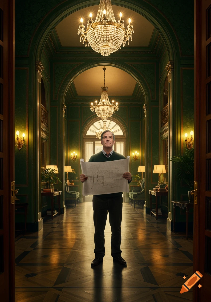 A man holding blueprints stands in a grand, ornate green hallway with multiple chandeliers.