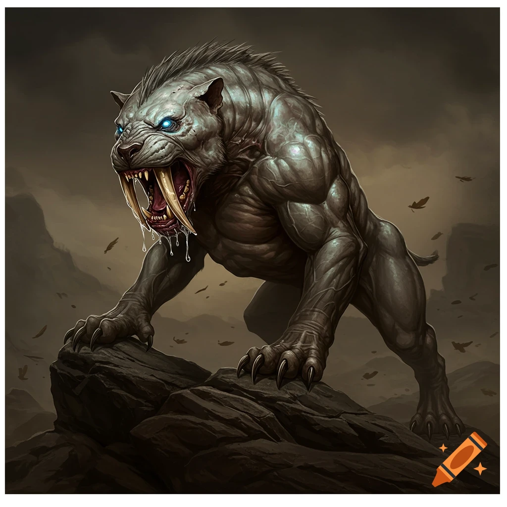 A muscular, monstrous sabertooth creature with glowing blue eyes and dripping fangs crouches on rocks in a dark fantasy landscape.