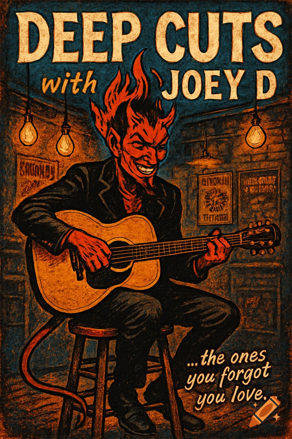 A grinning red devil with fiery hair and a tail plays an acoustic guitar on a stool, vintage rock poster style, with 'DEEP CUTS with JOEY D' text.