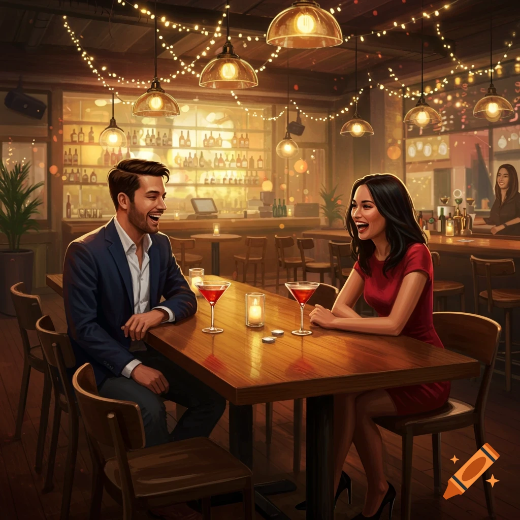 A man and a woman laugh and talk at a table in a dimly lit bar adorned with string lights.