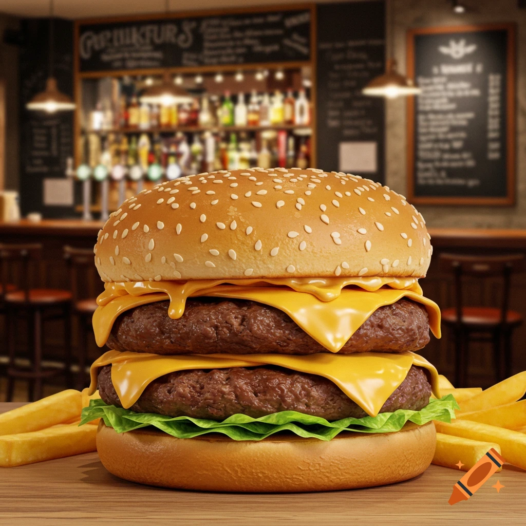 Photorealistic double cheeseburger with melted cheese and lettuce, served with fries on a wooden table, against a blurred bar background.