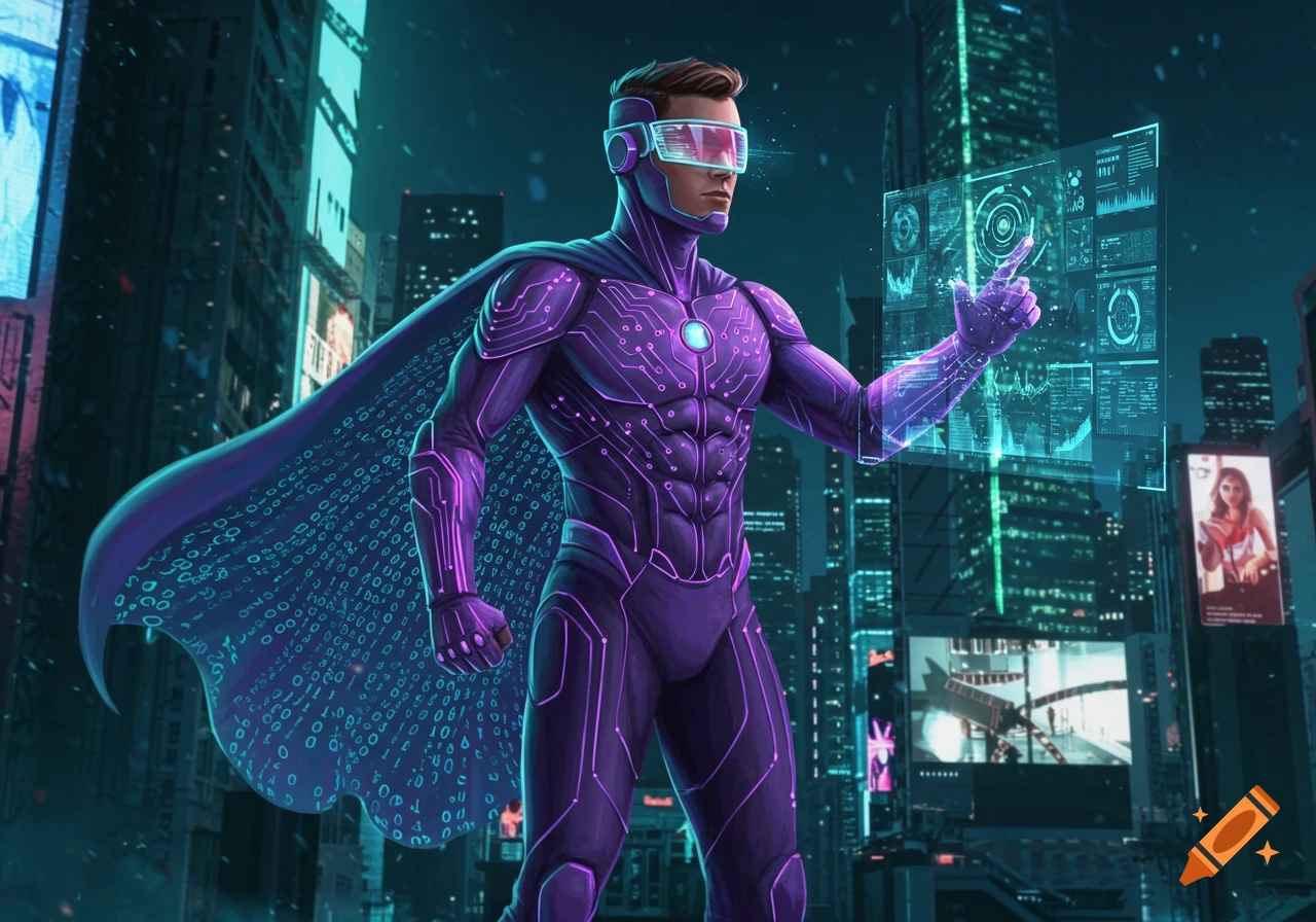 A male superhero in a purple circuit-patterned suit and VR goggles interacts with a holographic screen in a neon-lit futuristic city.