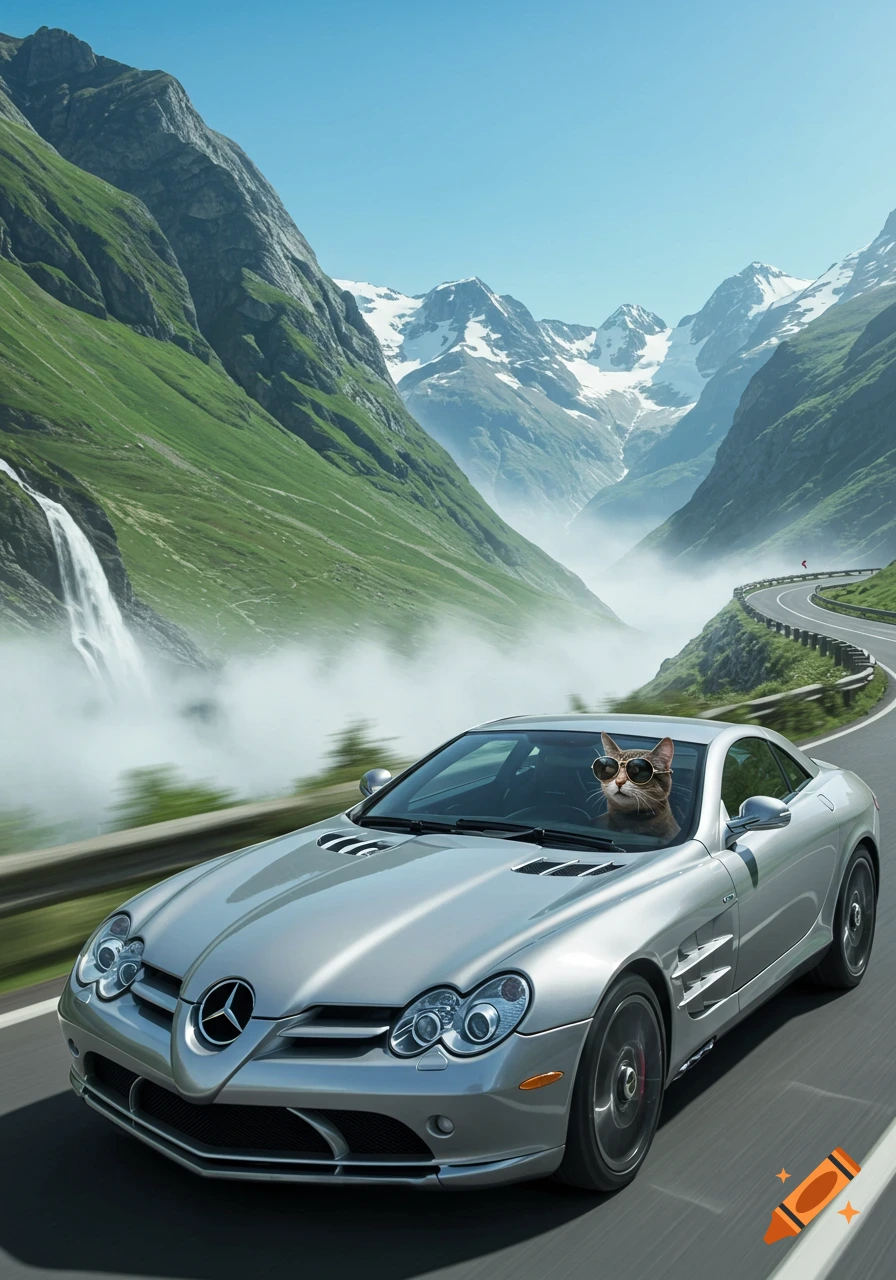 A cool cat wearing sunglasses drives a silver Mercedes-Benz SLR on a winding mountain road with waterfalls and snow-capped peaks.