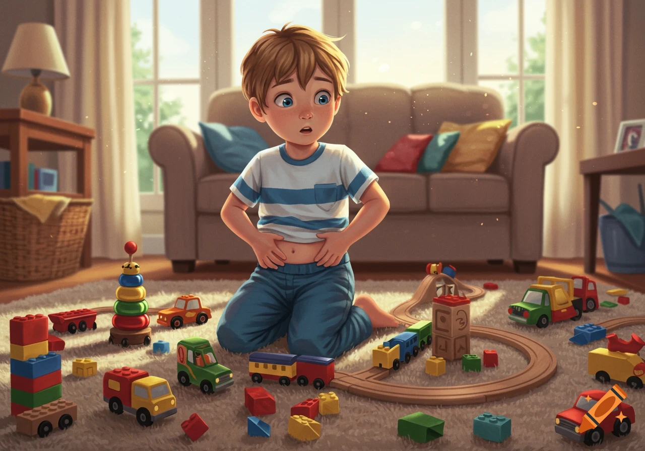 An illustrated young boy kneels on a living room carpet, playing with Lego, toy cars, and a wooden train set.