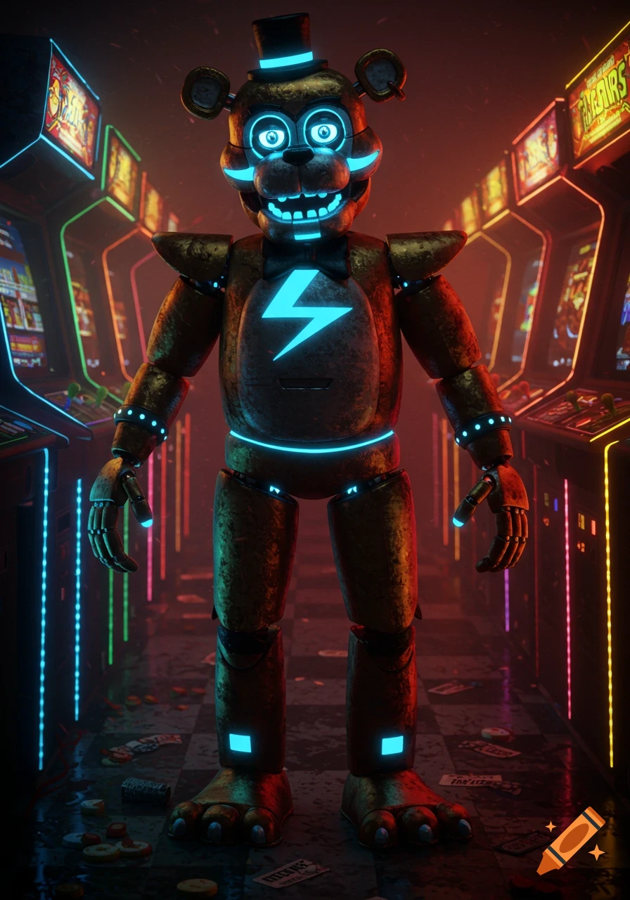 An anthropomorphic animatronic bear with glowing blue eyes and chest lightning bolt stands in a neon-lit arcade.