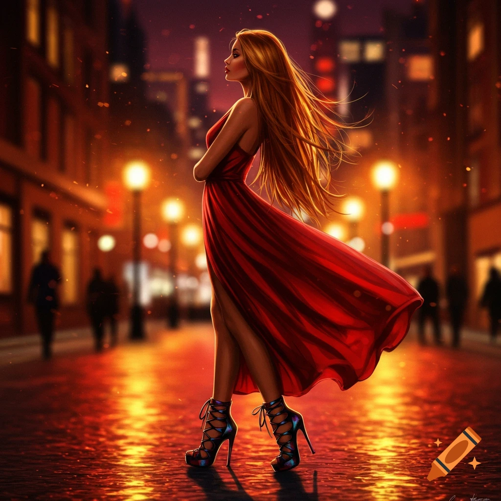 A woman with long hair in a flowing red dress and multi-colored high heels stands on a wet, reflective city street at night.