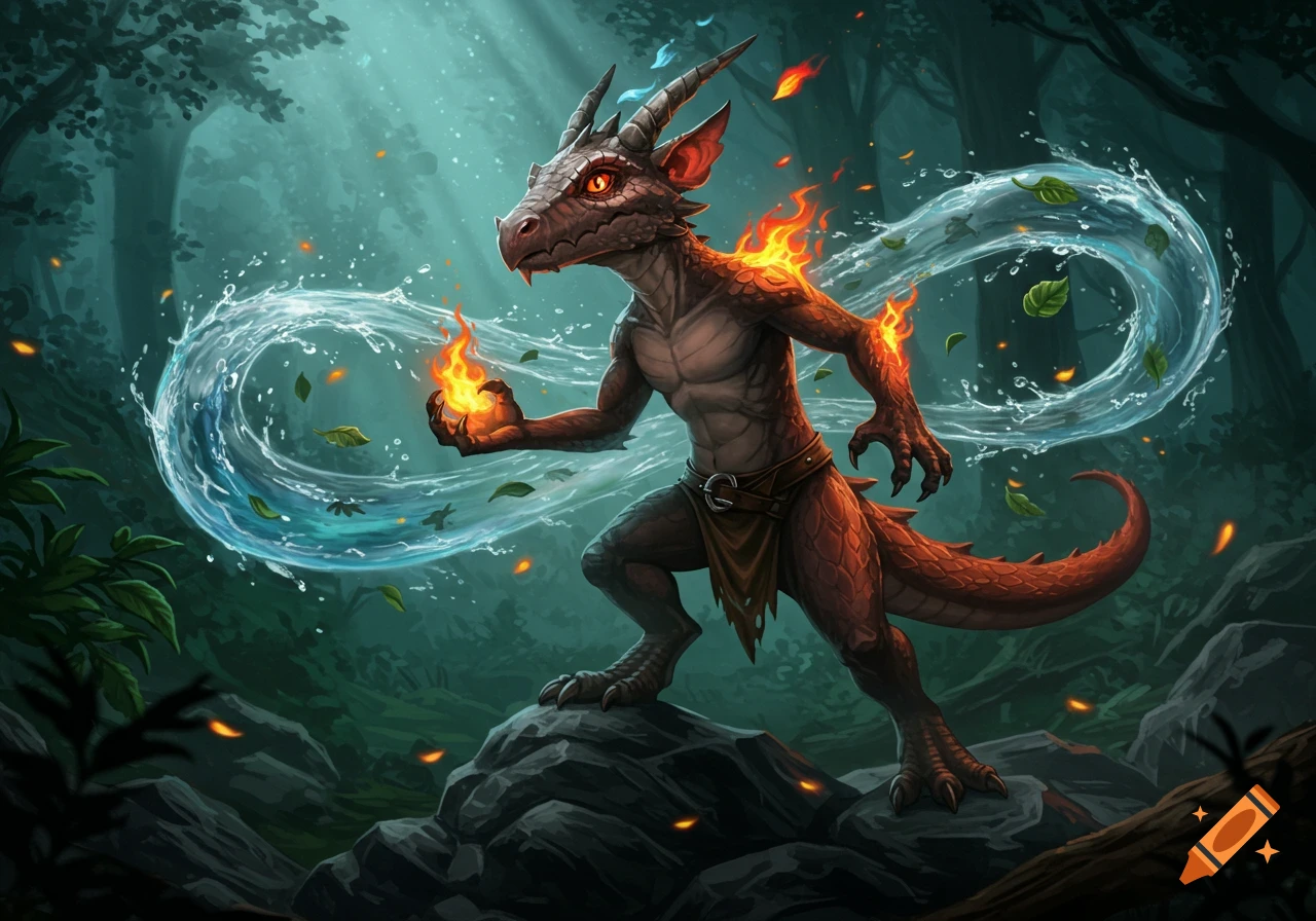 A fantasy reptilian elemental creature on a rock, conjuring fire and water in a magical forest illustration.