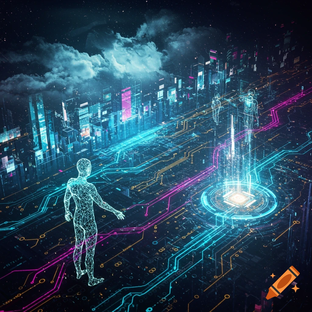 Digital art of a futuristic city with glowing circuit board pathways and wireframe human figures on a starry background.