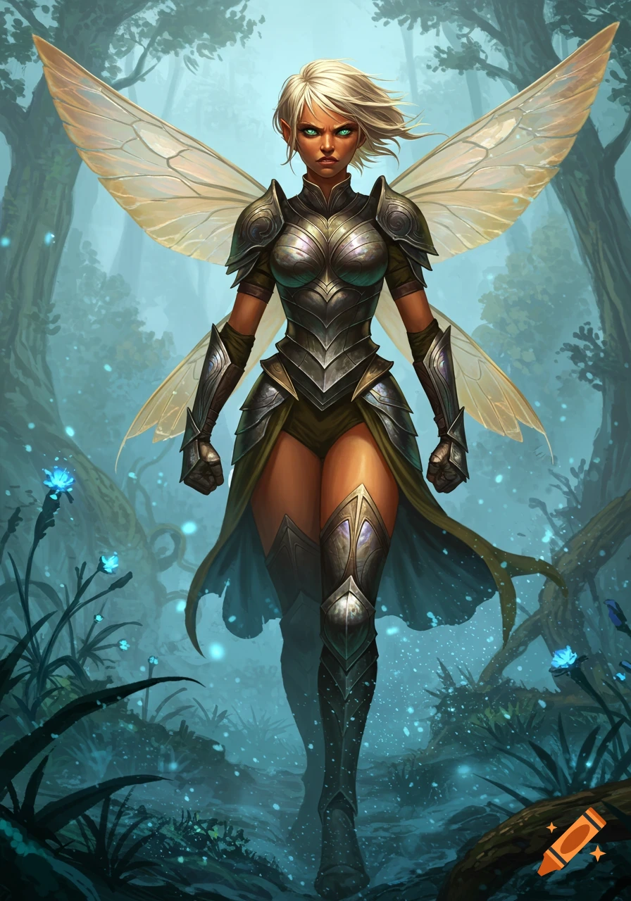 An intimidating blond fairy warrior with green eyes and tan skin, in full armor, stands in a mystical forest.