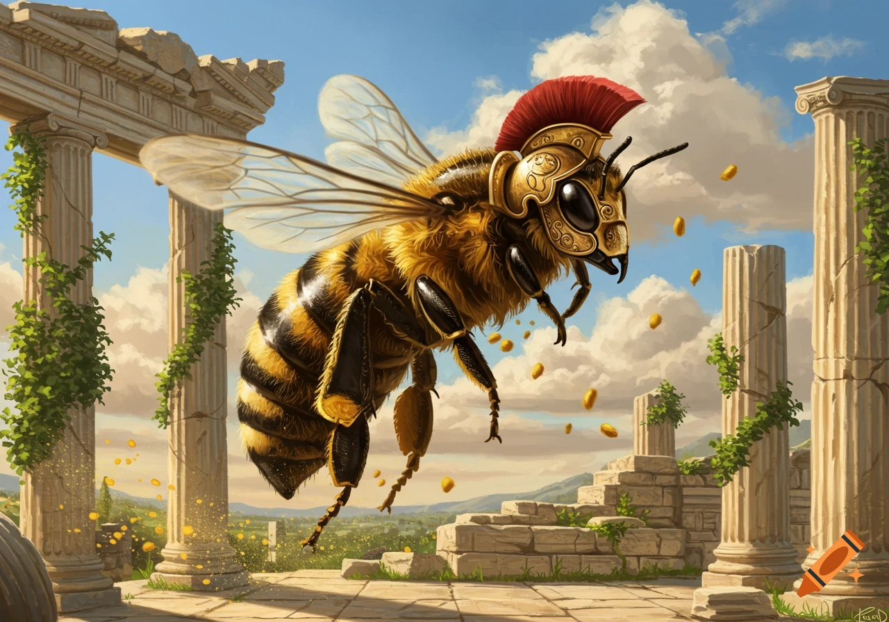A giant bee in golden Greek armor with a red crest flies through sunlit ancient ruins, scattering golden flakes.