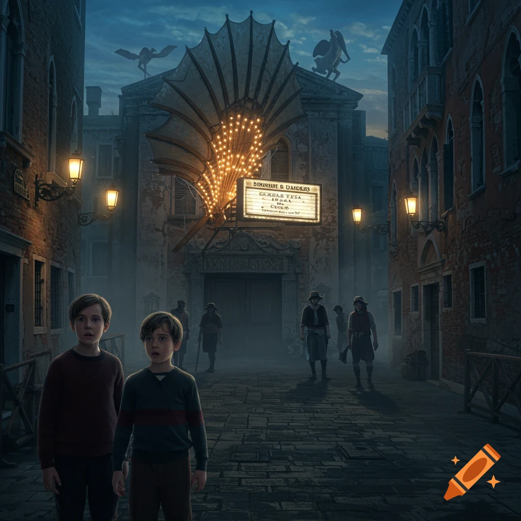 Two young boys look wide-eyed at a mysterious, lit-up building with a large fan-like structure and a sign in a foggy, narrow Venetian street at dusk. Figures are in the background.