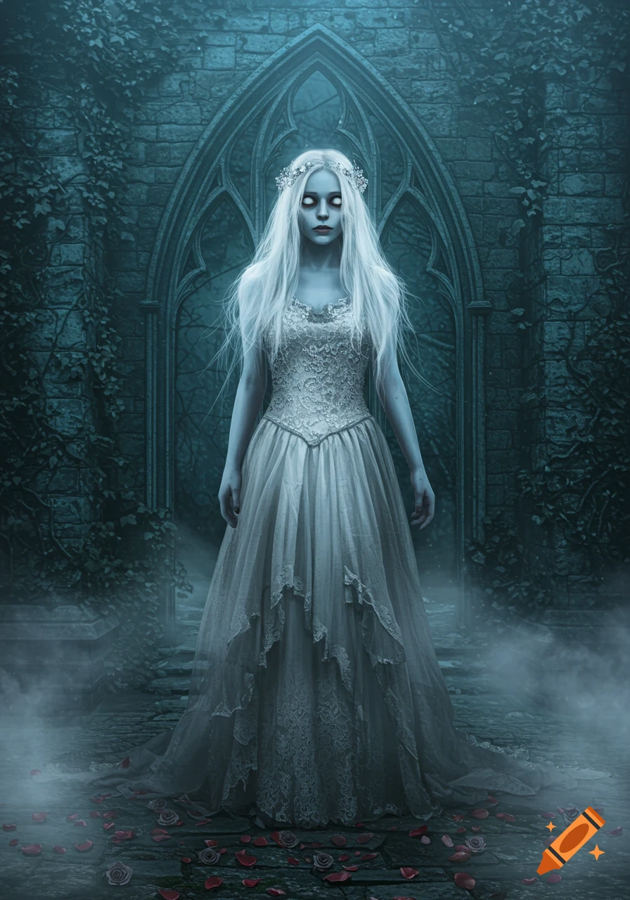 A ghostly woman in a white wedding dress stands before a gothic archway, surrounded by mist and fallen red rose petals.
