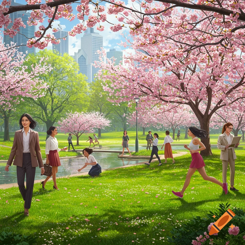 Women enjoy a vibrant city park in spring, with pink cherry blossom trees, green grass, a stream, and city buildings in the background.