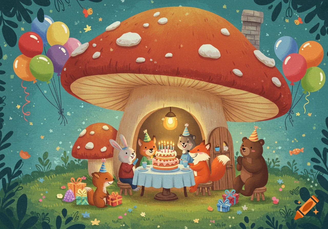 A bright children's illustration of cute cartoon animals celebrating a birthday party inside a giant mushroom house, with balloons floating nearby.