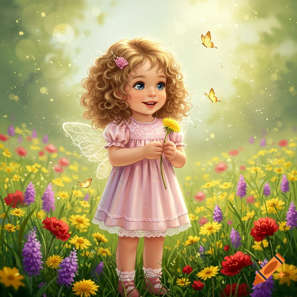 A cute cartoon fairy girl with curly hair and a pink dress stands in a vibrant flower meadow, holding a dandelion, with butterflies flying around her.