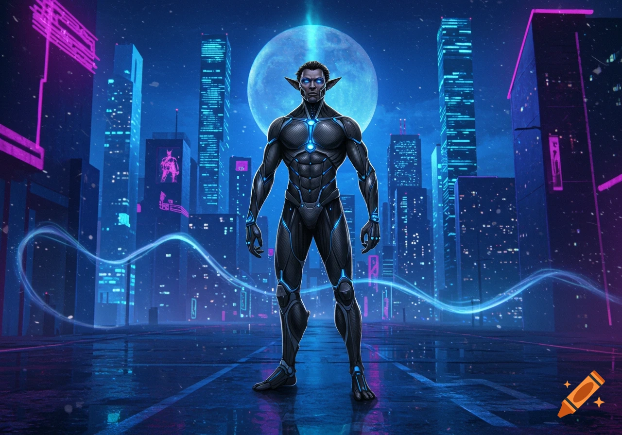 An elf-like hybrid human in a black and blue futuristic suit stands in a neon-lit cyberpunk city under a full moon.