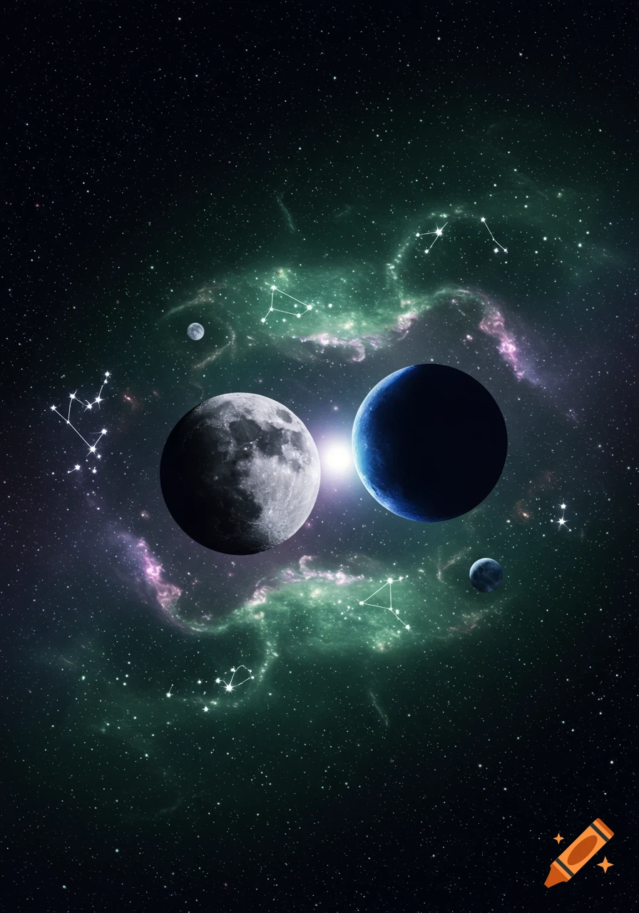 A gray, cratered moon and a dark blue planet are bathed in a bright central light, surrounded by swirling green and purple nebulas, constellations, and stars in a cosmic space scene.