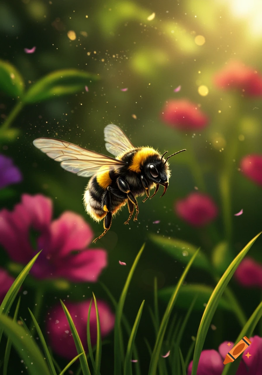 A fluffy bumblebee with yellow and black stripes hovers amidst a lush green garden with pink flowers and sparkling light, photorealistic style.
