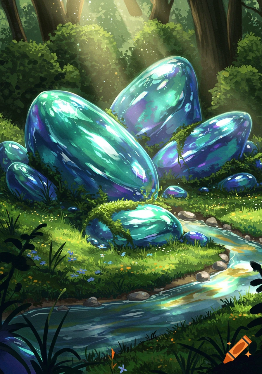 Illustrative fantasy scene of a sun-dappled forest with a stream, vibrant green moss, and large, glowing teal and purple gem-like rocks.