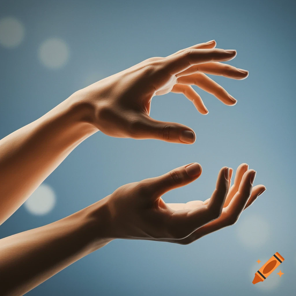 Two hands reaching towards each other with a soft blue bokeh background.