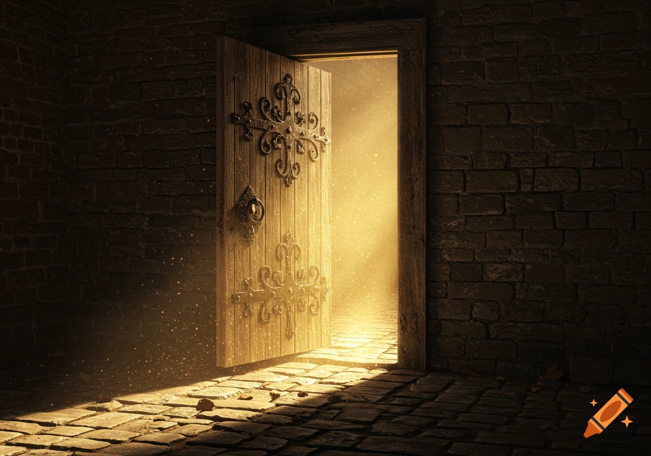 An ornate old wooden door opens into a dark brick room, with bright golden light spilling out onto a stone floor.