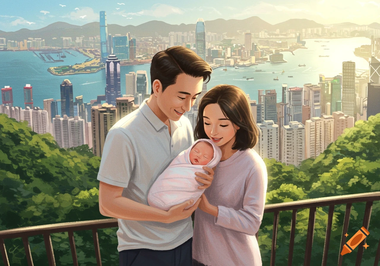 An illustration of proud parents holding their swaddled newborn baby on Victoria Peak, with the Hong Kong skyline and harbor in the background.