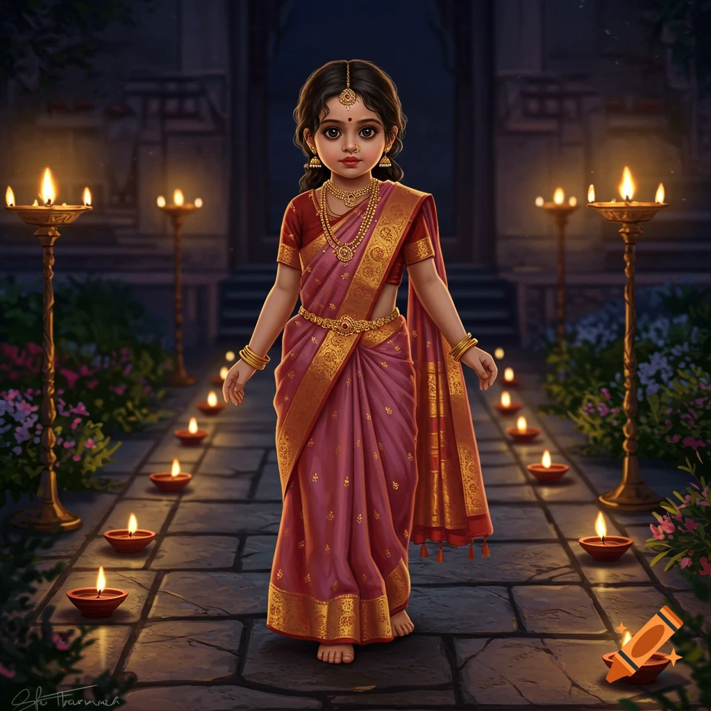 A young Indian girl in a pink and gold sari stands on a stone path lined with lit oil lamps, in a temple-like setting.