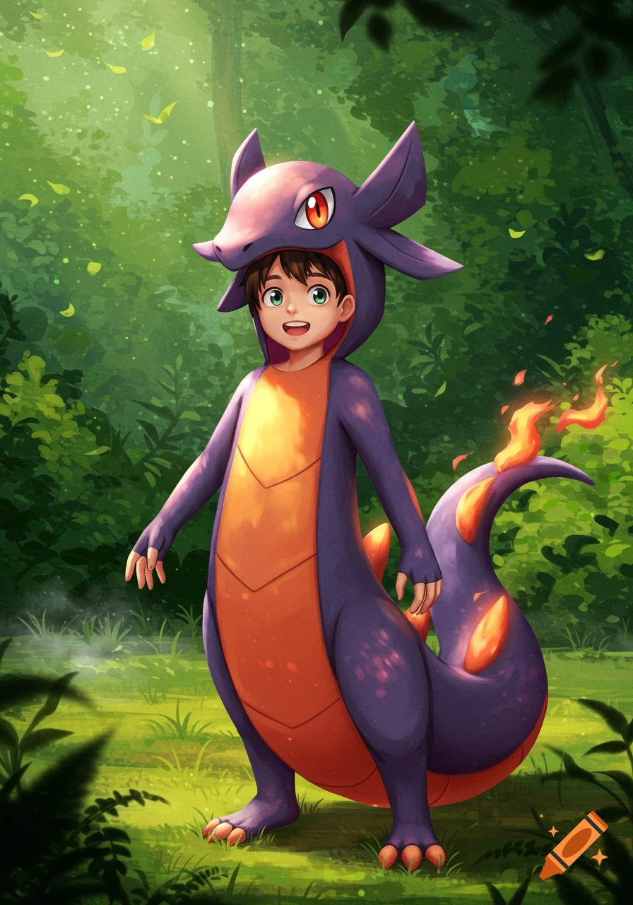 A smiling boy in a purple and orange Salazzle Pokémon suit stands in a vibrant green forest, illustrated in a colorful style.
