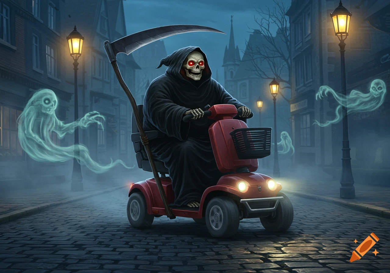 A Grim Reaper on a red mobility scooter rides down a misty cobblestone street at night, with glowing ghosts and street lamps.