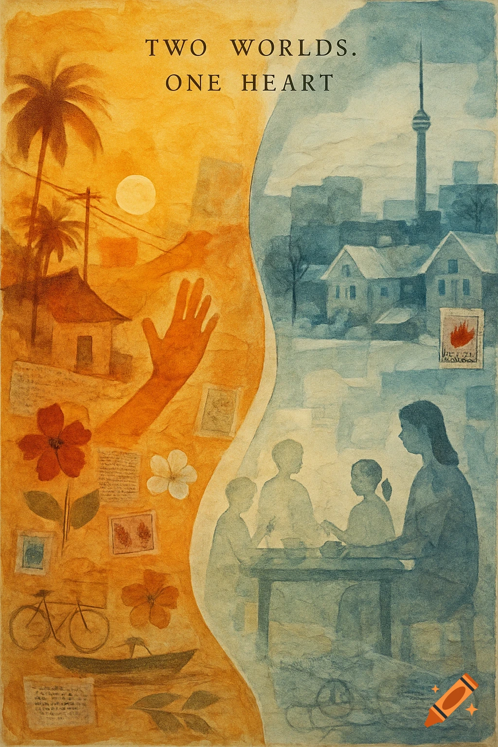 Watercolor collage depicting 'Two Worlds, One Heart,' split between an orange, tropical scene with a reaching hand and a blue cityscape with a family at a table.