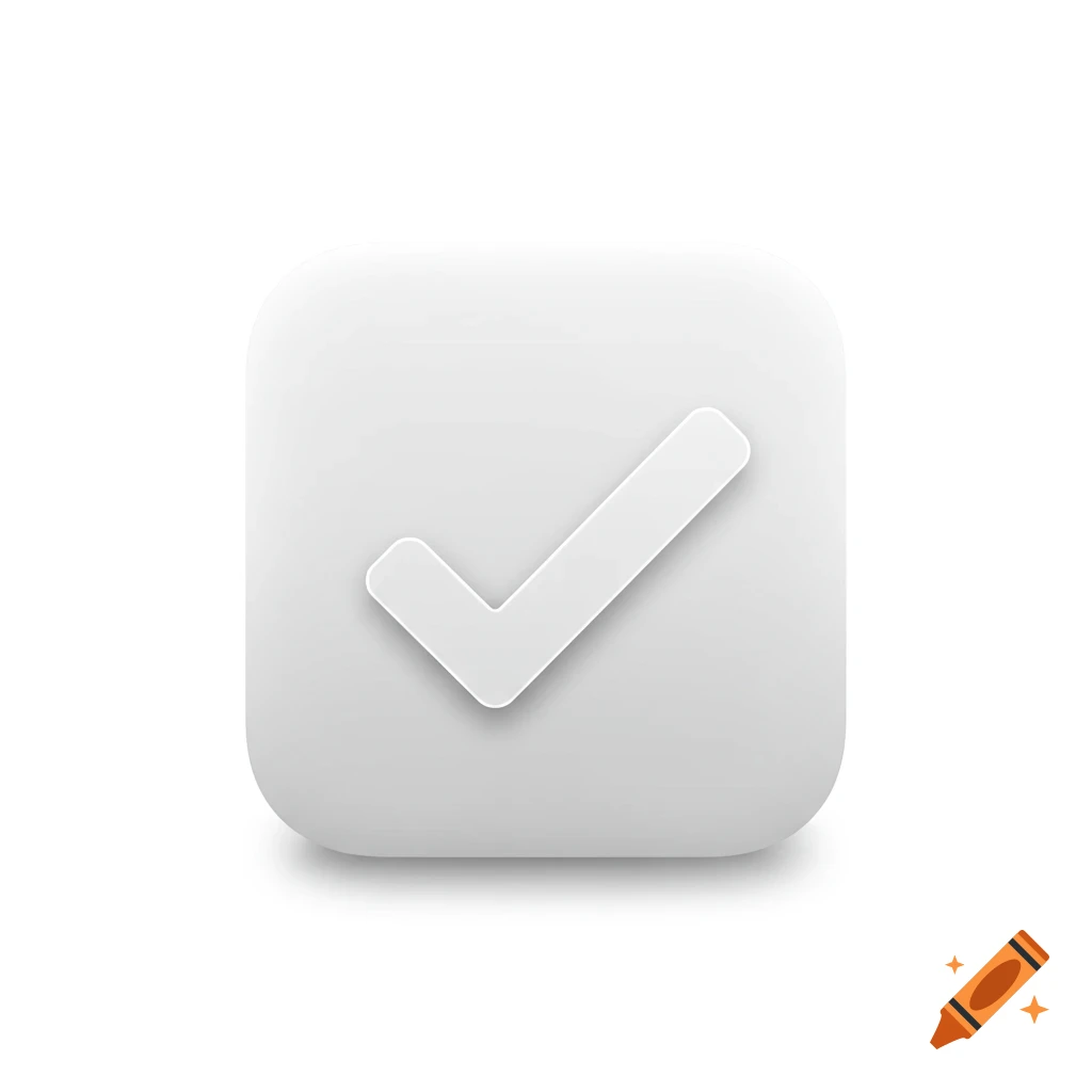 A white checkmark icon on a soft gray rounded square button with a subtle 3D effect, isolated on a white background.