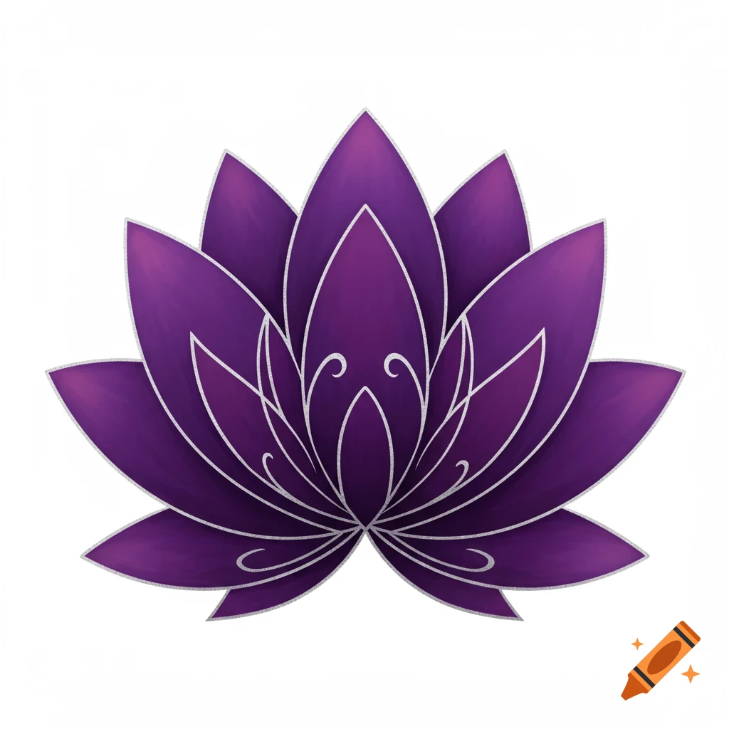 A stylized purple lotus flower with silver outlines on a white background.