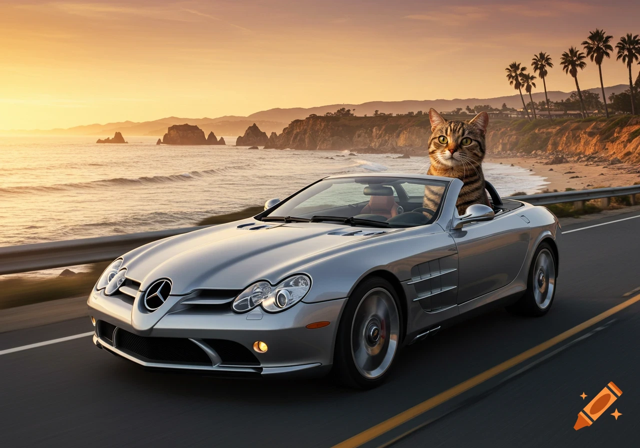 A tabby cat drives a silver Mercedes convertible along a coastal road at sunset.