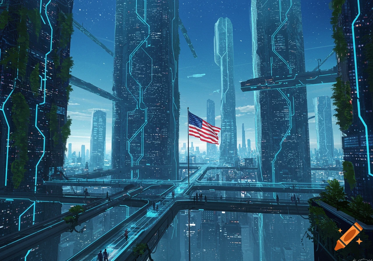A vibrant, futuristic cityscape with tall skyscrapers, glowing circuits, elevated walkways, and an American flag flying prominently.